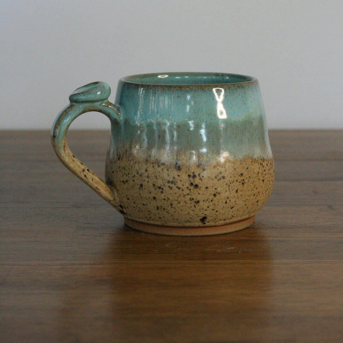 Handmade Sea Breeze glaze small mug, thrown stoneware pottery by Emma Kathryn Pottery