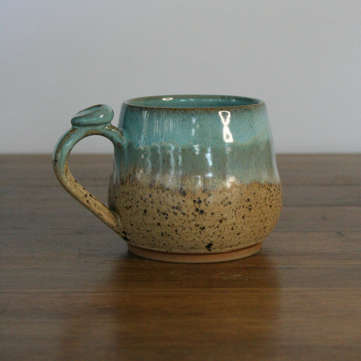 Handmade Sea Breeze glaze small mug, thrown stoneware pottery by Emma Kathryn Pottery
