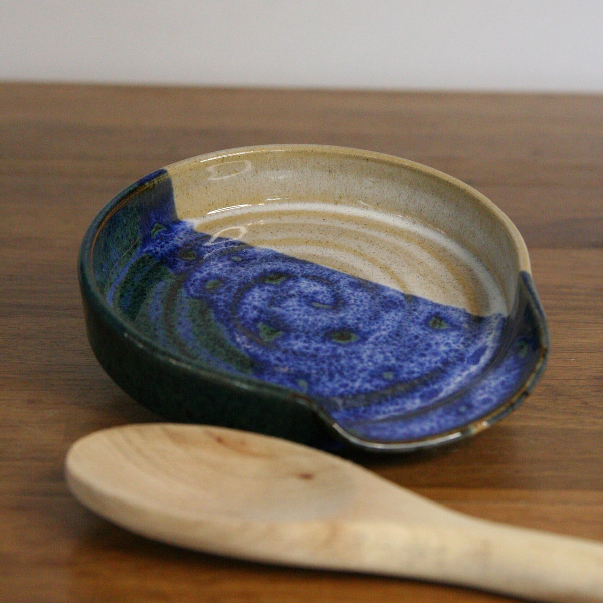 Handmade Cornflower glaze spoon rest, thrown stoneware pottery by Emma Kathryn Pottery