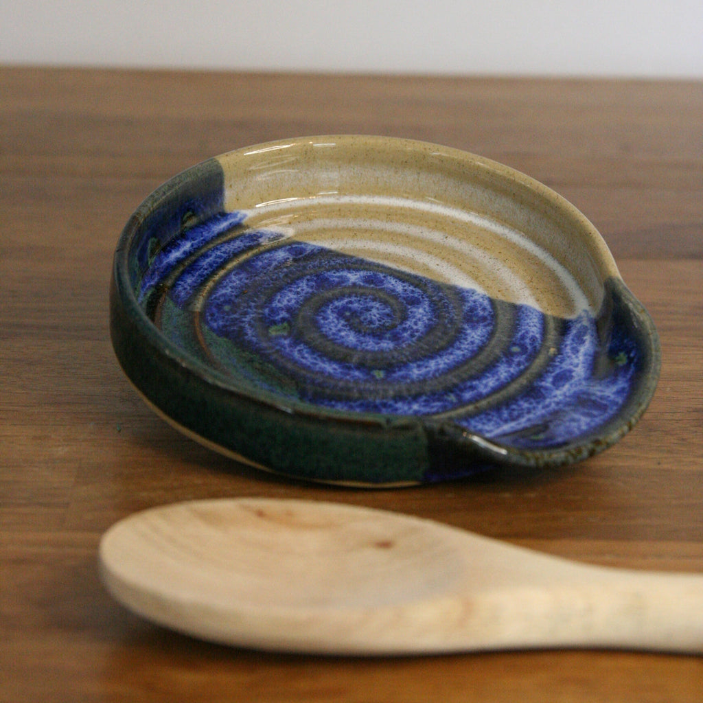 Handmade Cornflower glaze spoon rest, thrown stoneware pottery by Emma Kathryn Pottery