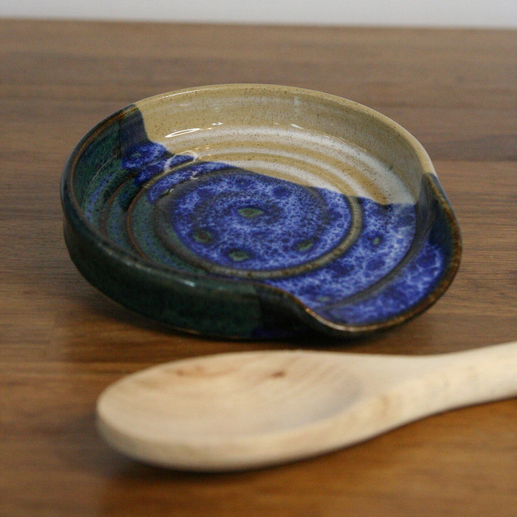 Handmade Cornflower glaze spoon rest, thrown stoneware pottery by Emma Kathryn Pottery