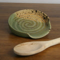 Handmade Woodland glaze spoon rest, thrown stoneware pottery by Emma Kathryn Pottery