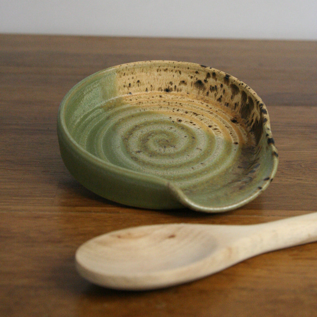 Handmade Woodland glaze spoon rest, thrown stoneware pottery by Emma Kathryn Pottery
