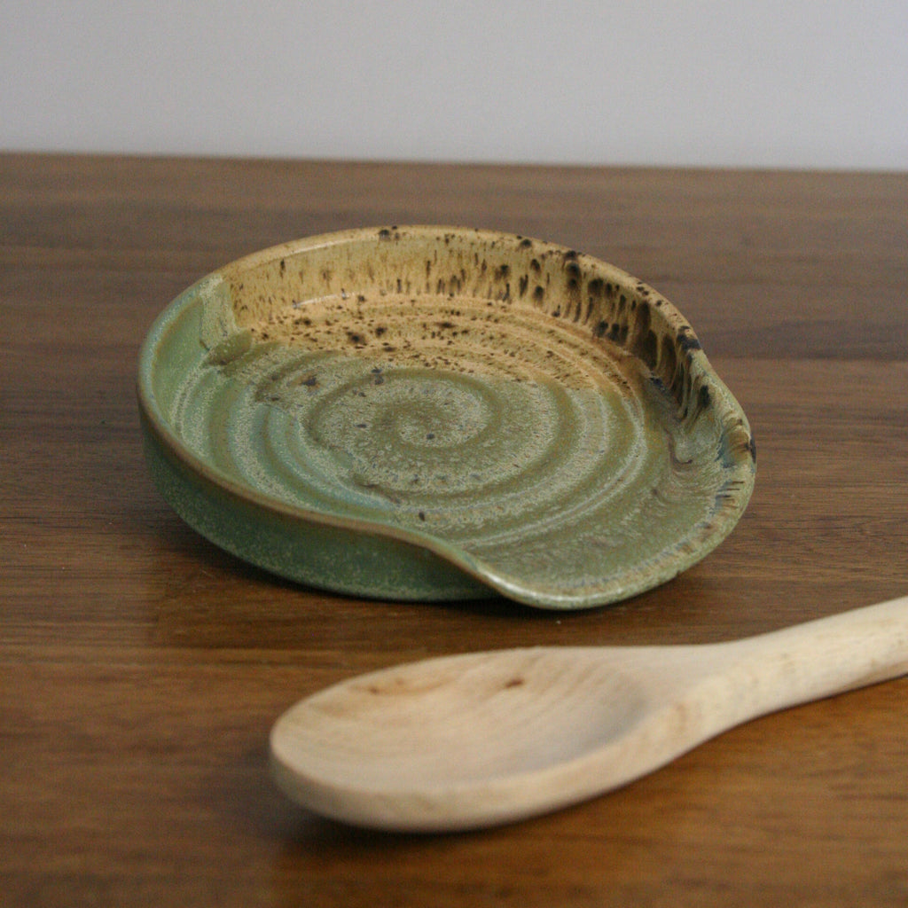 Handmade Woodland glaze spoon rest, thrown stoneware pottery by Emma Kathryn Pottery
