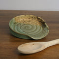 Handmade Woodland glaze spoon rest, thrown stoneware pottery by Emma Kathryn Pottery