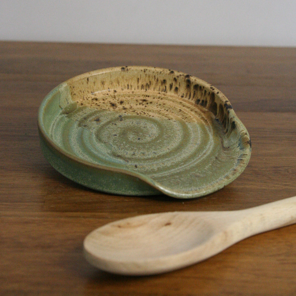 Handmade Woodland glaze spoon rest, thrown stoneware pottery by Emma Kathryn Pottery