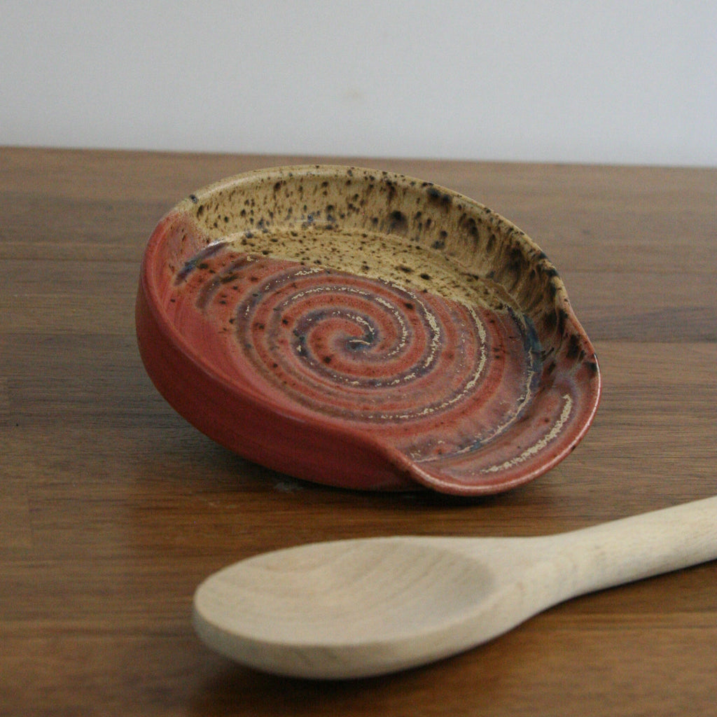 Handmade Pink Peony glaze spoon rest, thrown stoneware pottery by Emma Kathryn Pottery