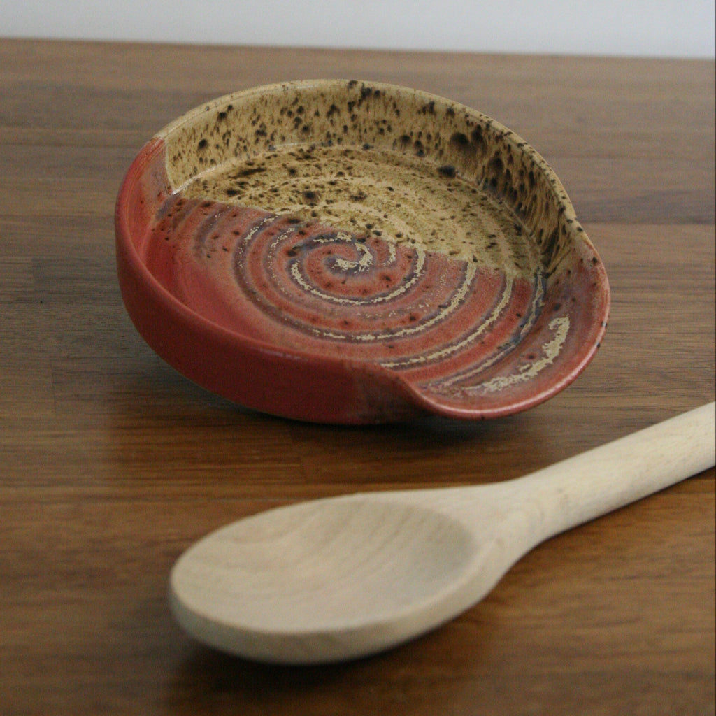 Handmade Pink Peony glaze spoon rest, thrown stoneware pottery by Emma Kathryn Pottery