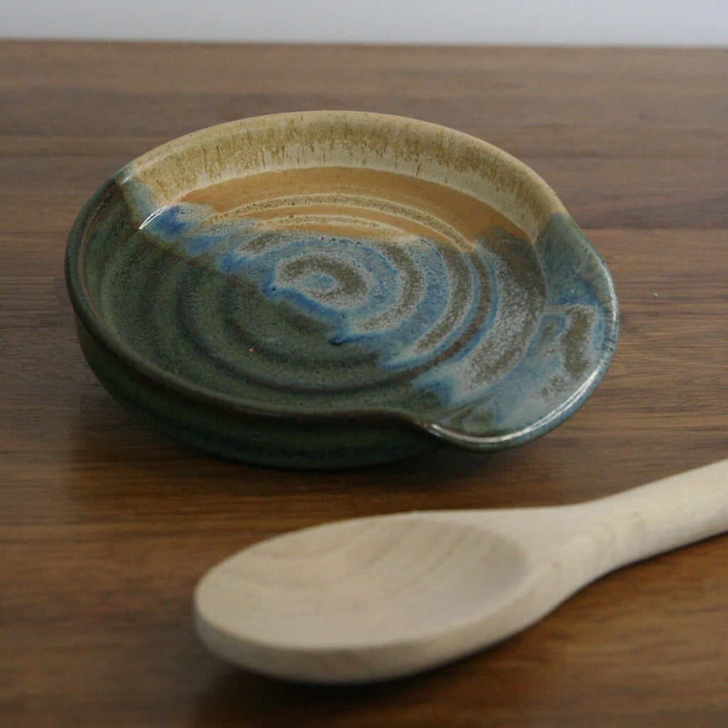 Handmade Rocky Hillside glaze spoon rest, thrown stoneware pottery by Emma Kathryn Pottery