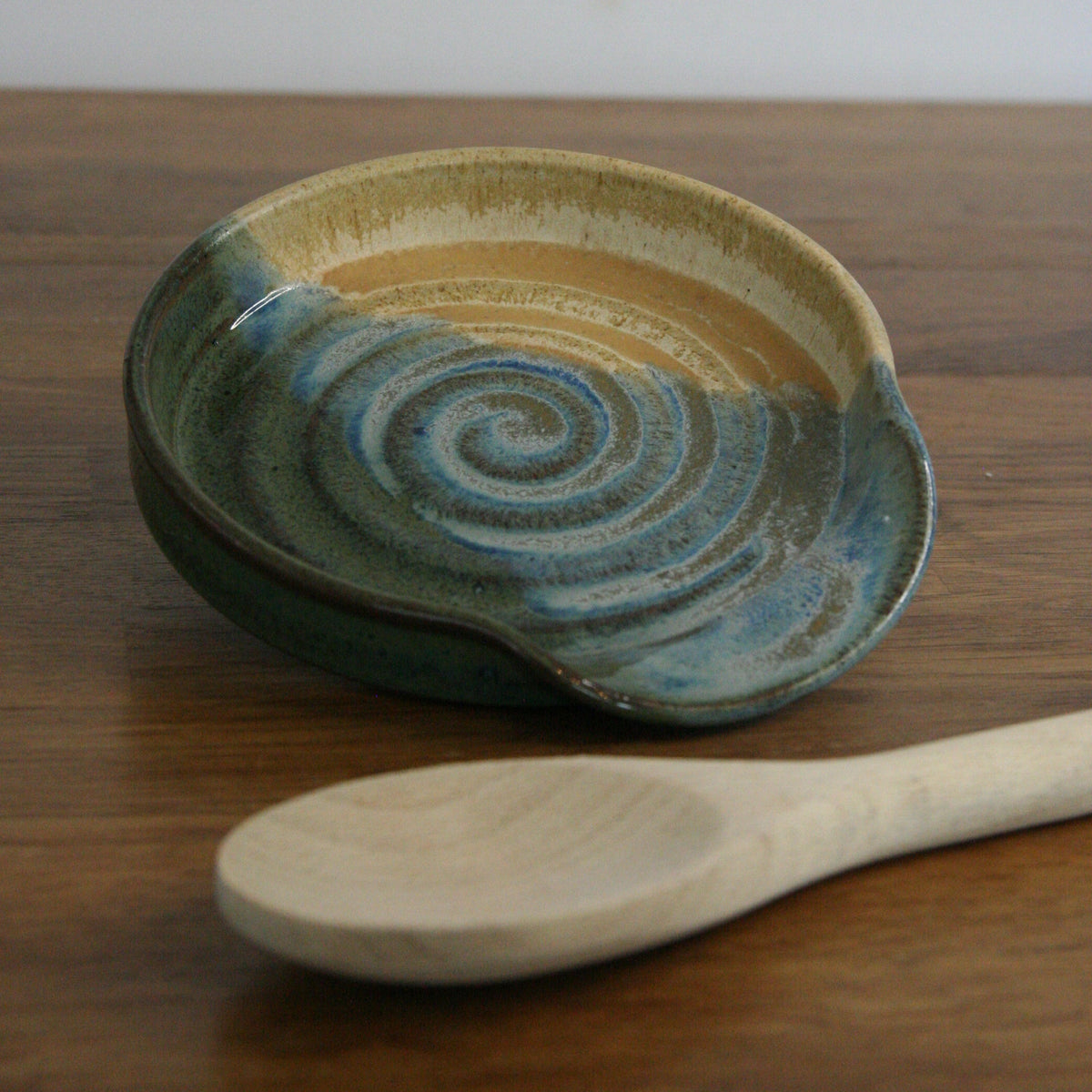 Handmade Rocky Hillside glaze spoon rest, thrown stoneware pottery by Emma Kathryn Pottery