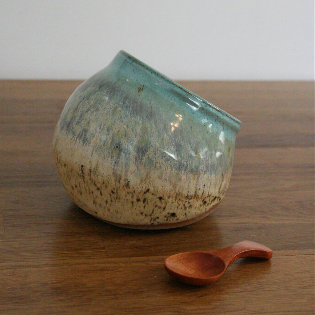 Handmade Sea Breeze glaze salt pig, thrown stoneware pottery by Emma Kathryn Pottery