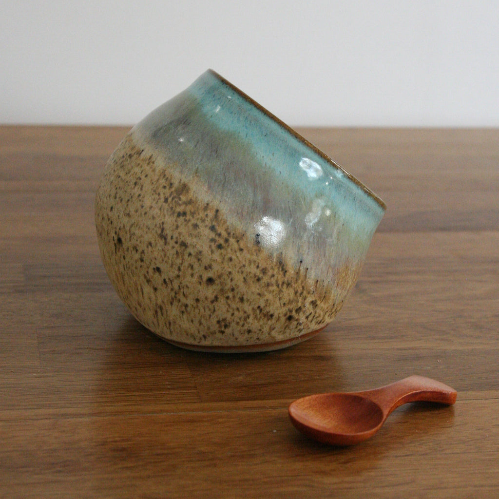 Handmade Sea Breeze glaze salt pig, thrown stoneware pottery by Emma Kathryn Pottery