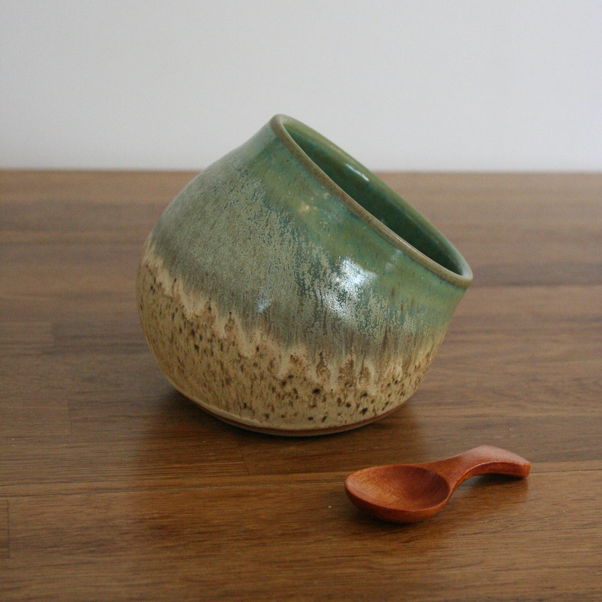 Handmade Woodland glaze salt pig, thrown stoneware pottery by Emma Kathryn Pottery