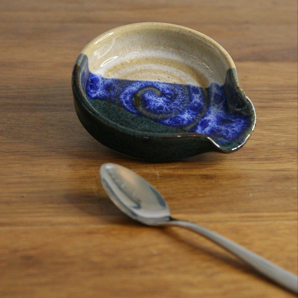 Handmade Cornflower glaze teaspoon rest, thrown stoneware pottery by Emma Kathryn Pottery
