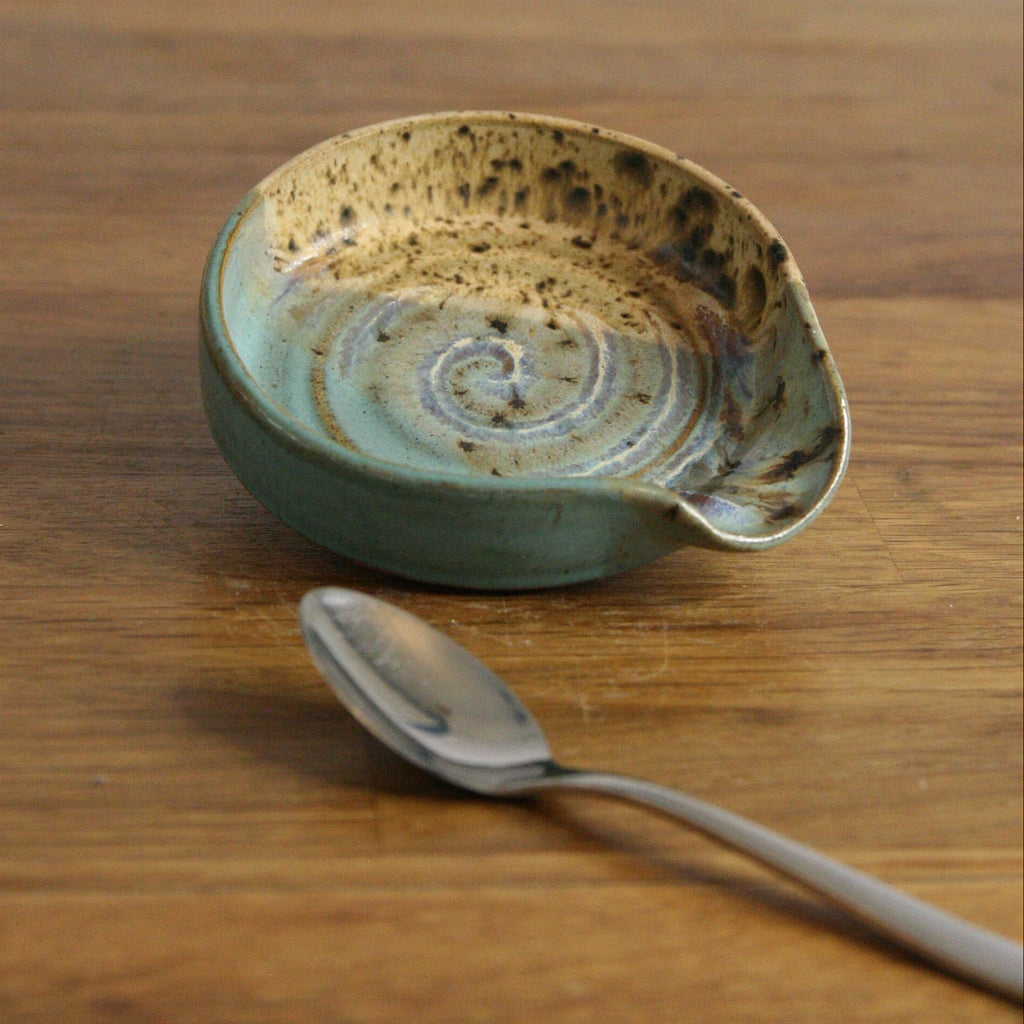 Handmade Sea Breeze glaze teaspoon rest, thrown stoneware pottery by Emma Kathryn Pottery