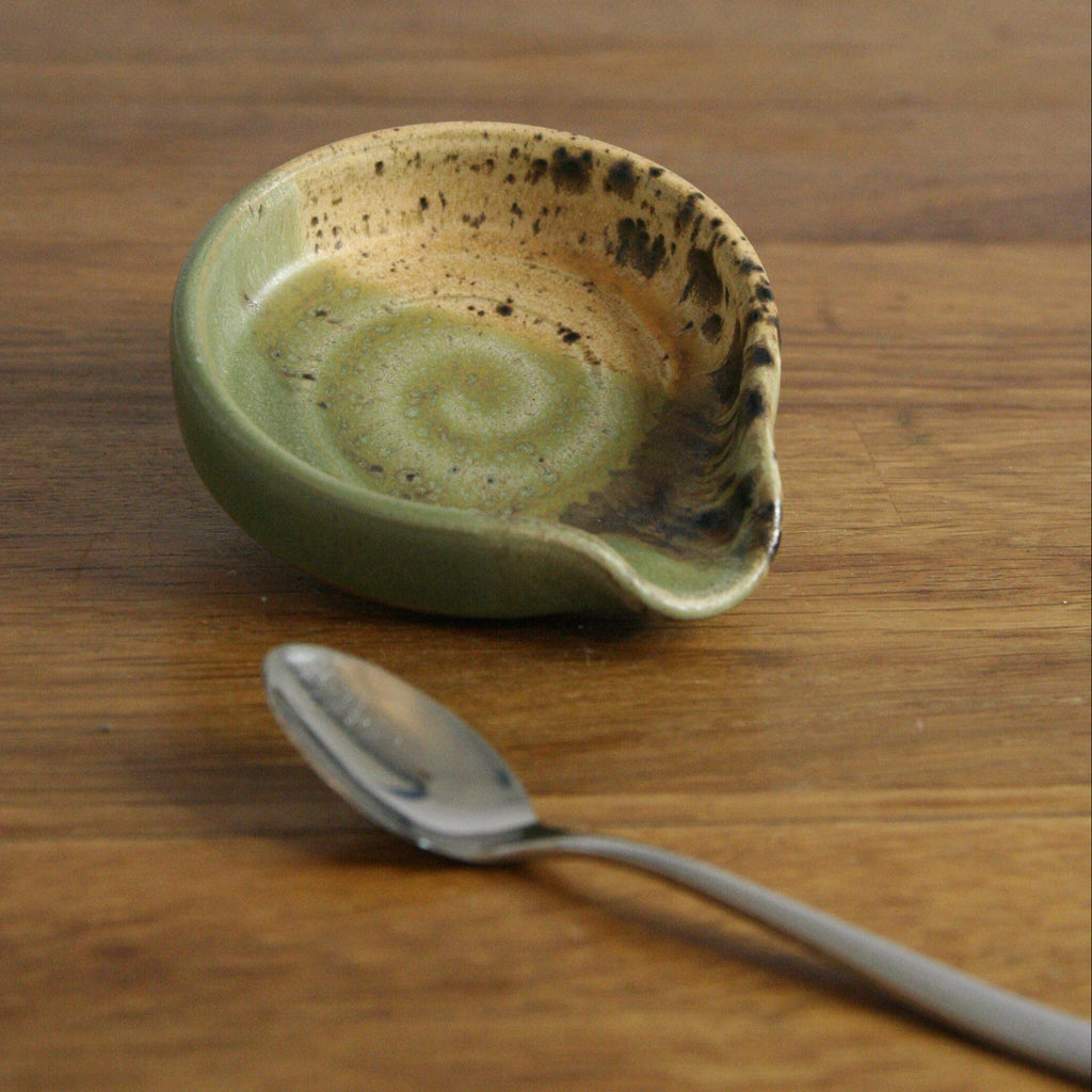 Handmade Woodland glaze teaspoon rest, thrown stoneware pottery by Emma Kathryn Pottery