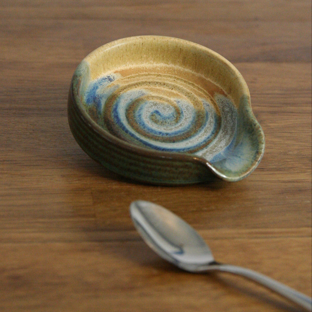 Handmade Rocky Hillside glaze teaspoon rest, thrown stoneware pottery by Emma Kathryn Pottery