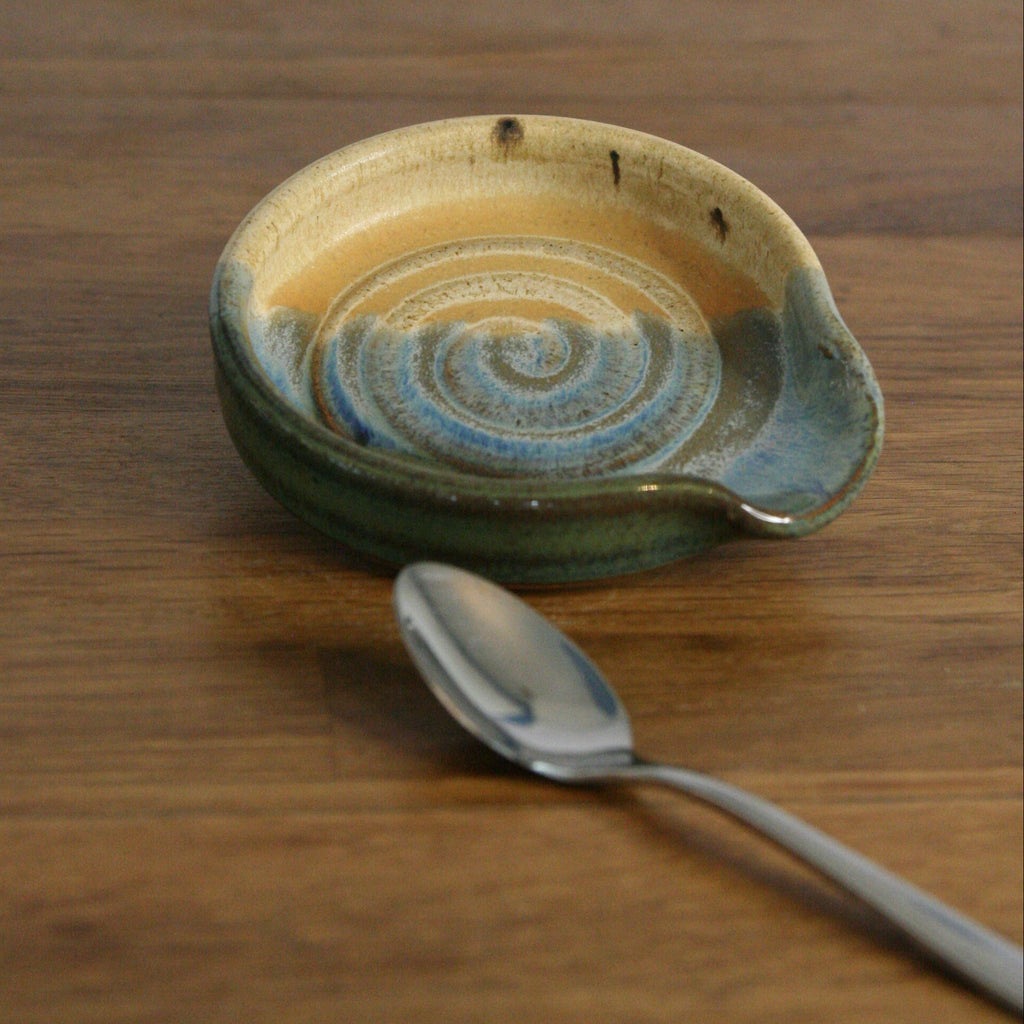 Handmade Rocky Hillside glaze teaspoon rest, thrown stoneware pottery by Emma Kathryn Pottery