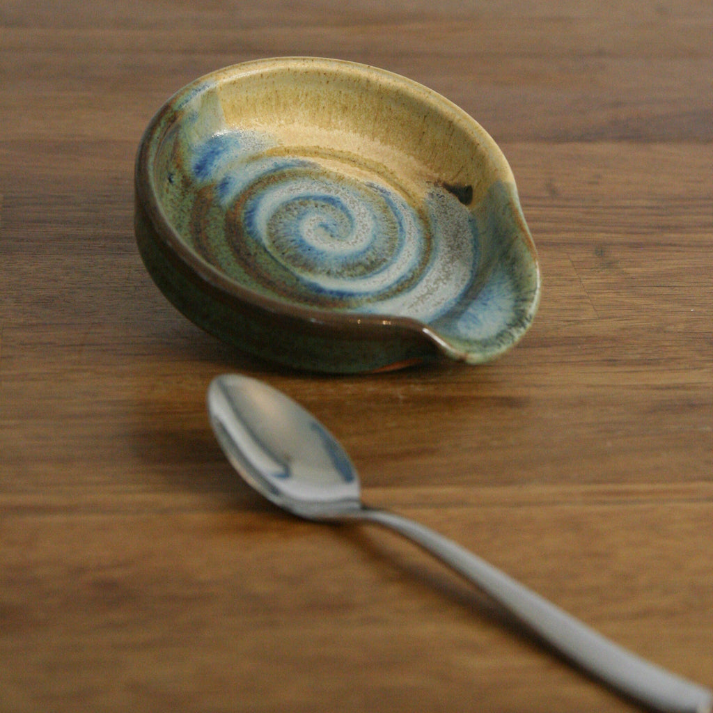 Handmade Rocky Hillside glaze teaspoon rest, thrown stoneware pottery by Emma Kathryn Pottery