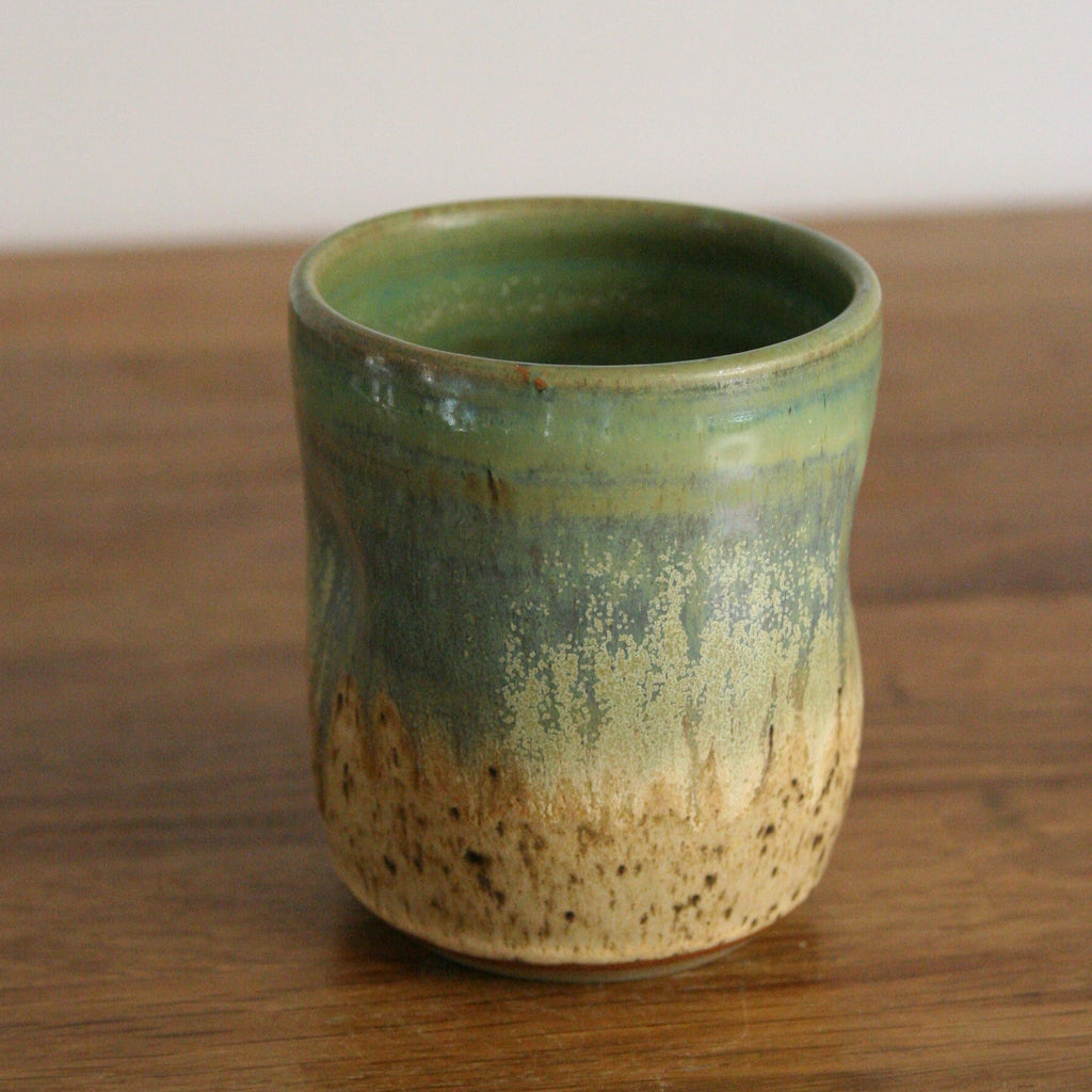 Handmade Woodland glaze thumb cup, thrown stoneware pottery by Emma Kathryn Pottery