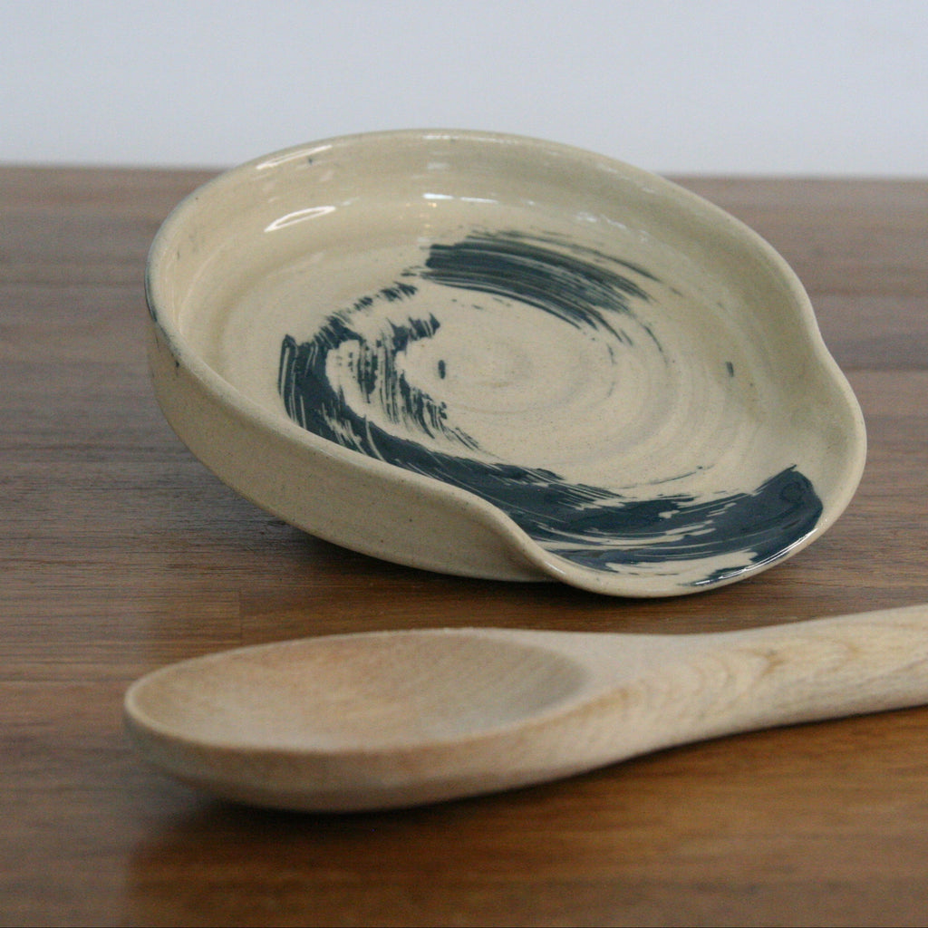 Handmade Makers Mark glaze spoon rest, thrown stoneware pottery by Emma Kathryn Pottery