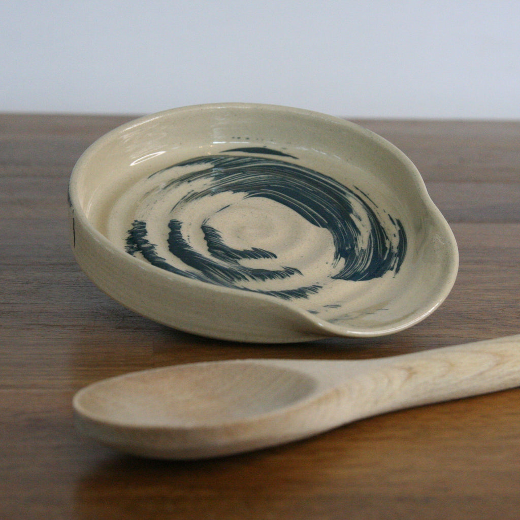 Handmade Makers Mark glaze spoon rest, thrown stoneware pottery by Emma Kathryn Pottery