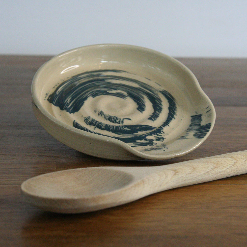 Handmade Makers Mark glaze spoon rest, thrown stoneware pottery by Emma Kathryn Pottery